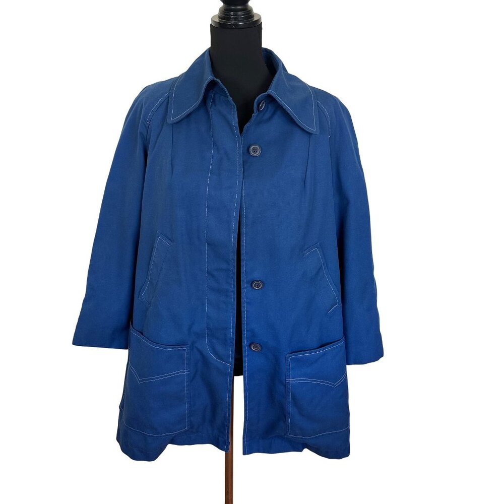 Vtg Womens 1970s Jacket Blue Button Up Coat 14 XL Lined Atkins Hong Kong Pockets